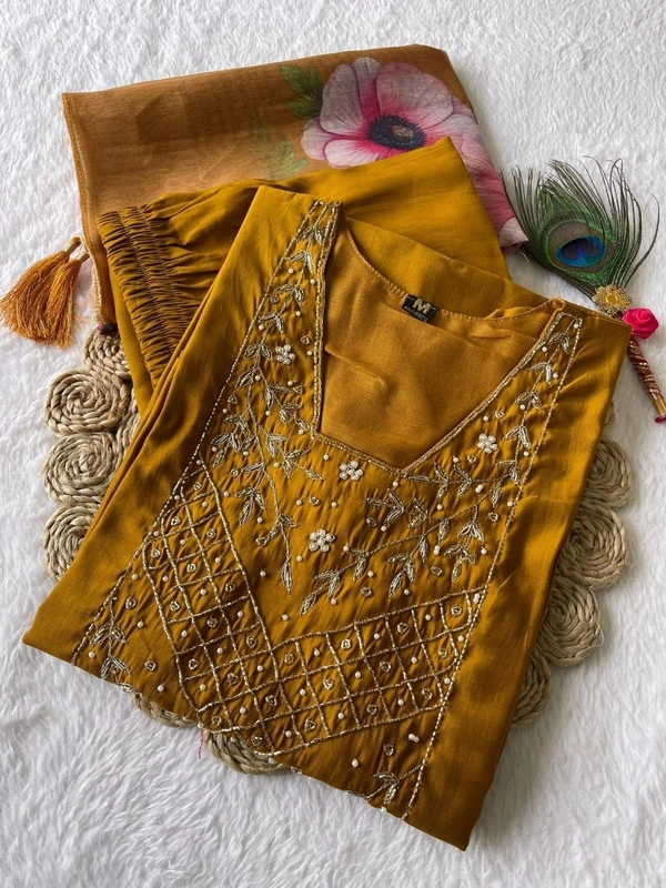 Azorte Fashion Designer Mustard Yellow Kurti Set – Hand Embroidery & Chanderi Digital Print Dupatta - L (40)