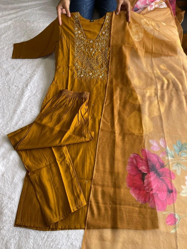 Azorte Fashion Designer Mustard Yellow Kurti Set – Hand Embroidery & Chanderi Digital Print Dupatta - L (40)