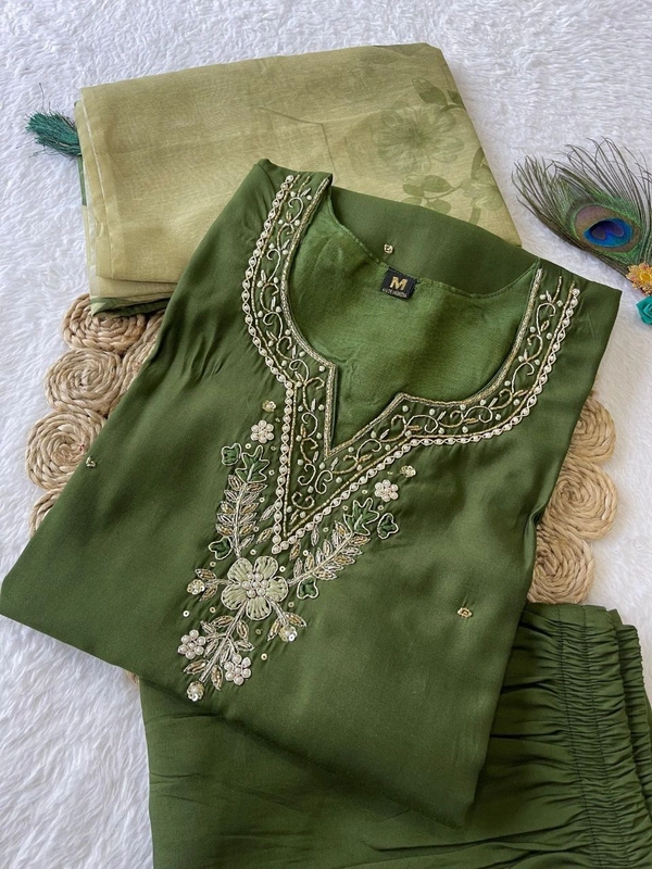 Azorte Fashion Elegant Dark Mehandi Kurti Set – Hand Embroidery & Chanderi Digital Print Dupatta - XXL (44)