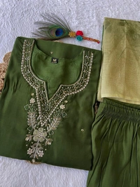 Azorte Fashion Elegant Dark Mehandi Kurti Set – Hand Embroidery & Chanderi Digital Print Dupatta - XXL (44)
