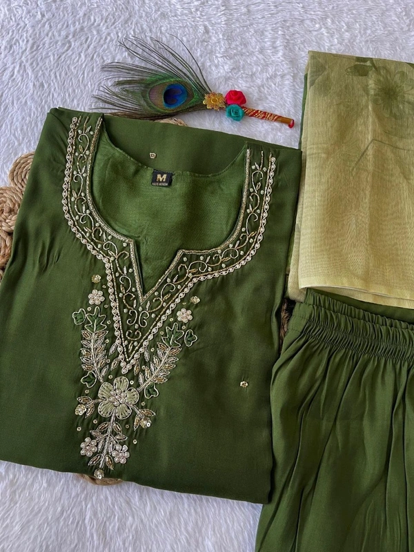 Azorte Fashion Elegant Dark Mehandi Kurti Set – Hand Embroidery & Chanderi Digital Print Dupatta - XXL (44)