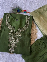 Azorte Fashion Elegant Dark Mehandi Kurti Set – Hand Embroidery & Chanderi Digital Print Dupatta - XXL (44)