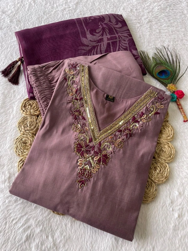 Azorte Fashion Elegant Ice Wine Kurti Set – Hand Embroidery & Chanderi Digital Print Dupatta - M (38)