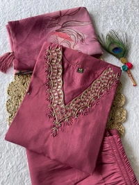 Azorte Fashion Dull Magenta Kurti Set – Premium Roman Silk with Hand Embroidery & Chanderi Digital Print Dupatta - XL (42)