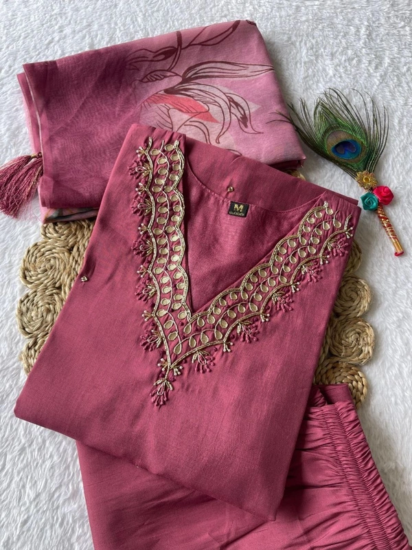 Azorte Fashion Dull Magenta Kurti Set – Premium Roman Silk with Hand Embroidery & Chanderi Digital Print Dupatta - XL (42)