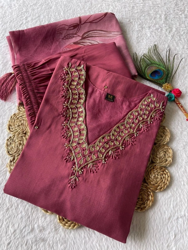 Azorte Fashion Dull Magenta Kurti Set – Premium Roman Silk with Hand Embroidery & Chanderi Digital Print Dupatta - XL (42)