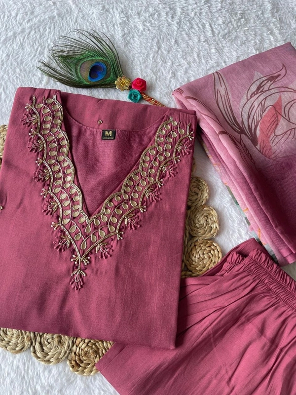 Azorte Fashion Dull Magenta Kurti Set – Premium Roman Silk with Hand Embroidery & Chanderi Digital Print Dupatta - XL (42)