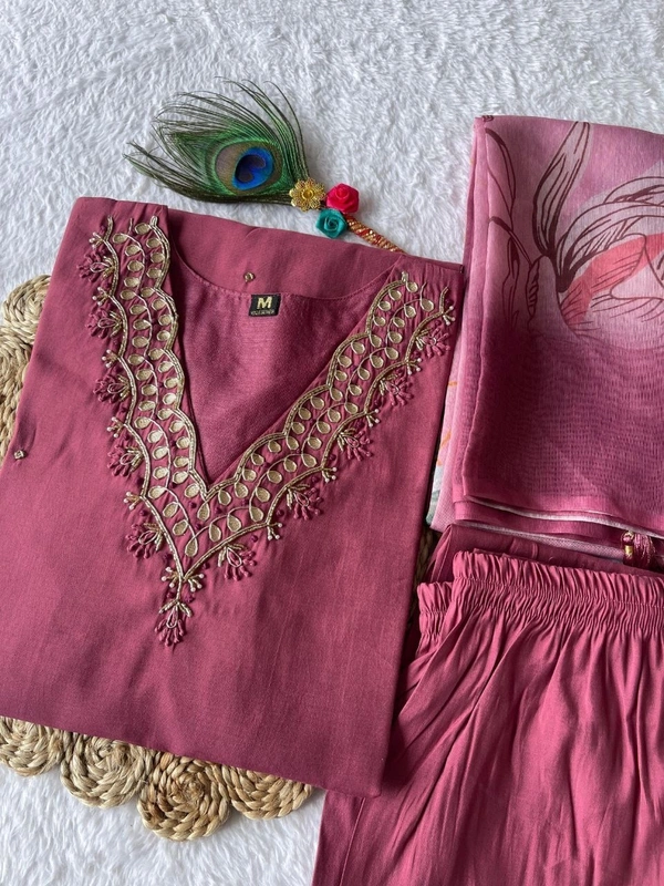 Azorte Fashion Dull Magenta Kurti Set – Premium Roman Silk with Hand Embroidery & Chanderi Digital Print Dupatta - XL (42)