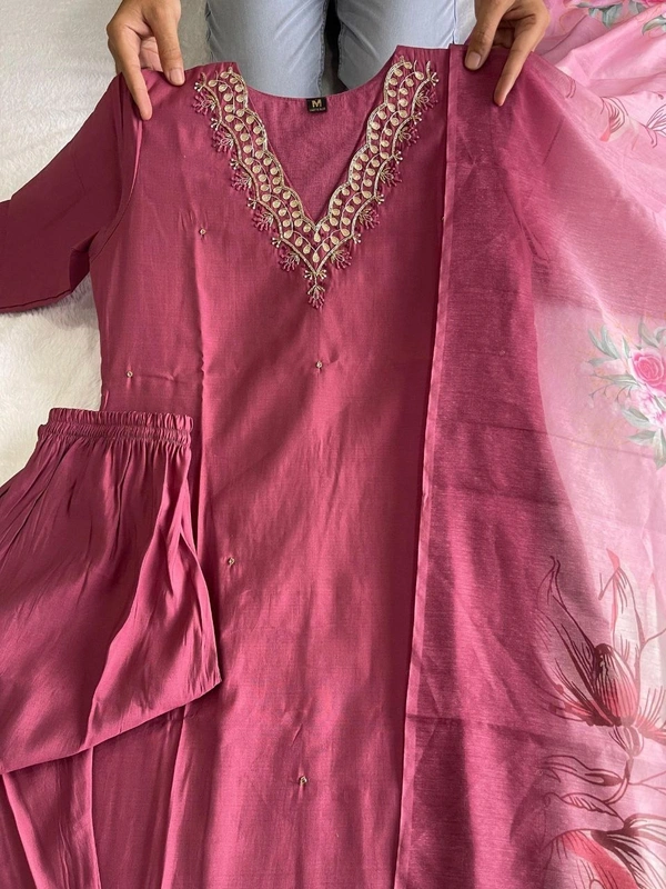 Azorte Fashion Dull Magenta Kurti Set – Premium Roman Silk with Hand Embroidery & Chanderi Digital Print Dupatta - XL (42)