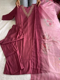 Azorte Fashion Dull Magenta Kurti Set – Premium Roman Silk with Hand Embroidery & Chanderi Digital Print Dupatta - XL (42)