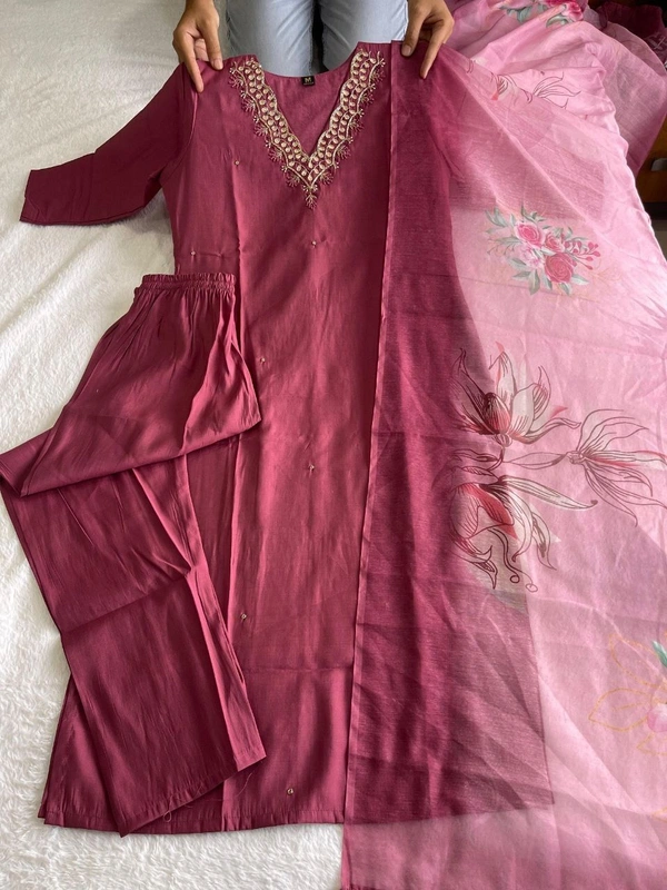 Azorte Fashion Dull Magenta Kurti Set – Premium Roman Silk with Hand Embroidery & Chanderi Digital Print Dupatta - XL (42)