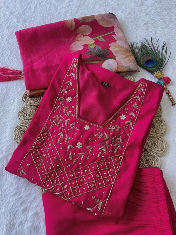 Azorte Fashion Rani Pink Kurti Set – Premium Roman Silk with Hand Embroidery & Chanderi Digital Print Dupatta - XL (42)