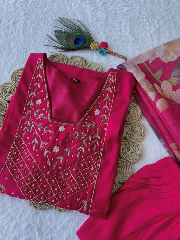 Azorte Fashion Rani Pink Kurti Set – Premium Roman Silk with Hand Embroidery & Chanderi Digital Print Dupatta - XL (42)