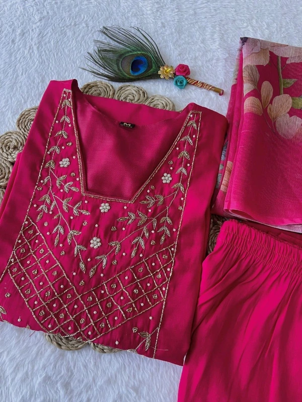 Azorte Fashion Rani Pink Kurti Set – Premium Roman Silk with Hand Embroidery & Chanderi Digital Print Dupatta - XL (42)