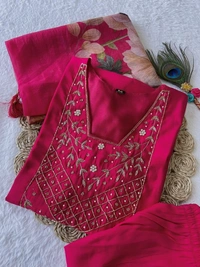 Azorte Fashion Rani Pink Kurti Set – Premium Roman Silk with Hand Embroidery & Chanderi Digital Print Dupatta - XL (42)