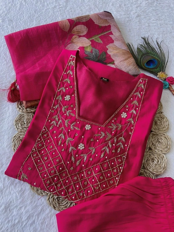 Azorte Fashion Rani Pink Kurti Set – Premium Roman Silk with Hand Embroidery & Chanderi Digital Print Dupatta - XL (42)