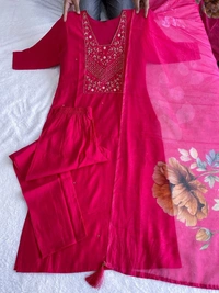 Azorte Fashion Rani Pink Kurti Set – Premium Roman Silk with Hand Embroidery & Chanderi Digital Print Dupatta - XL (42)