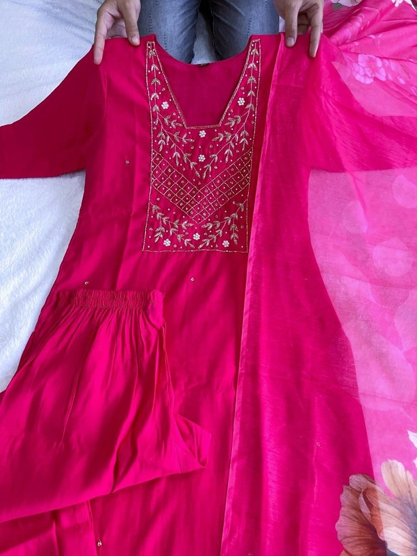 Azorte Fashion Rani Pink Kurti Set – Premium Roman Silk with Hand Embroidery & Chanderi Digital Print Dupatta - XL (42)