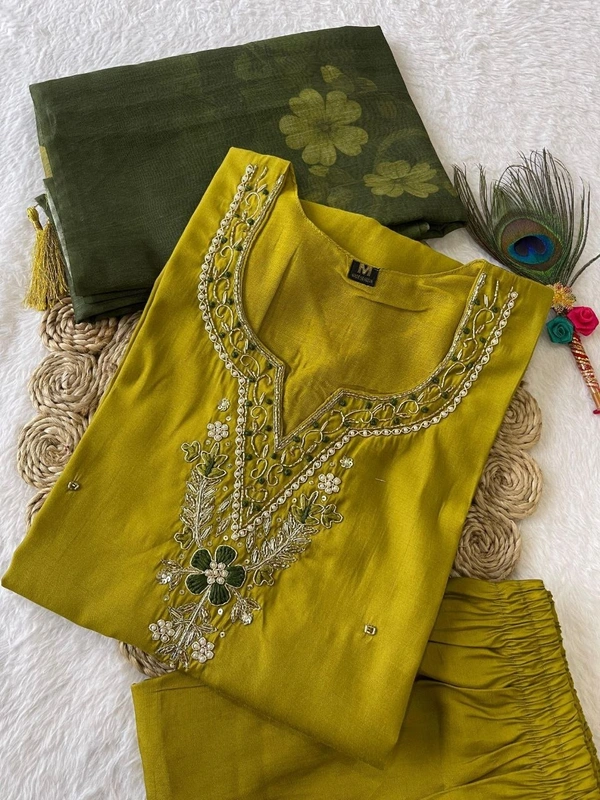Azorte Fashion Parrot Green Kurti Set – Premium Roman Silk with Hand Embroidery & Chanderi Digital Print Dupatta - M (38)