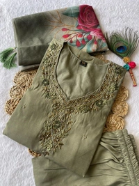 Azorte Fashion Light Mehndi Kurti Set – Premium Roman Silk with Hand Embroidery & Chanderi Digital Print Dupatta - M (38)