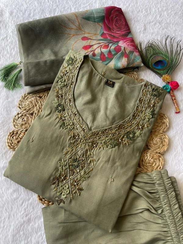 Azorte Fashion Light Mehndi Kurti Set – Premium Roman Silk with Hand Embroidery & Chanderi Digital Print Dupatta - M (38)