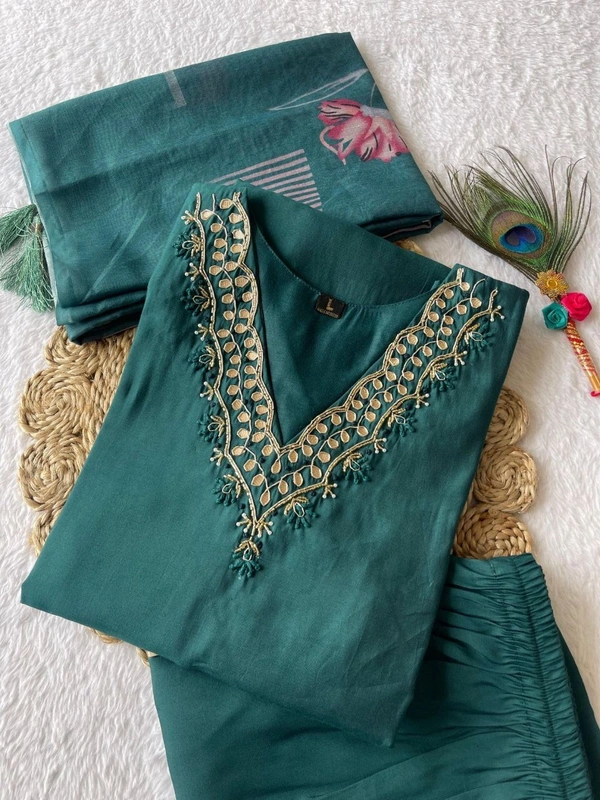 Azorte Fashion Dark Rama Kurti Set – Premium Roman Silk with Hand Embroidery & Heavy Chanderi Digital Print Dupatta - L (40)