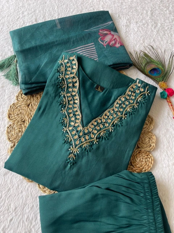 Azorte Fashion Dark Rama Kurti Set – Premium Roman Silk with Hand Embroidery & Heavy Chanderi Digital Print Dupatta - L (40)