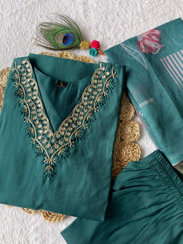 Azorte Fashion Dark Rama Kurti Set – Premium Roman Silk with Hand Embroidery & Heavy Chanderi Digital Print Dupatta - L (40)