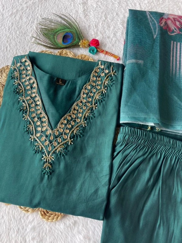 Azorte Fashion Dark Rama Kurti Set – Premium Roman Silk with Hand Embroidery & Heavy Chanderi Digital Print Dupatta - L (40)