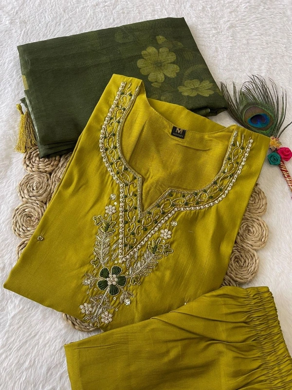 Azorte Fashion Parrot Green Kurti Set – Premium Roman Silk with Hand Embroidery & Chanderi Digital Print Dupatta - M (38)
