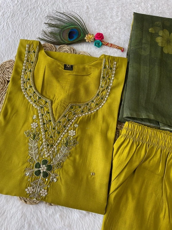 Azorte Fashion Parrot Green Kurti Set – Premium Roman Silk with Hand Embroidery & Chanderi Digital Print Dupatta - M (38)