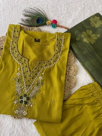 Azorte Fashion Parrot Green Kurti Set – Premium Roman Silk with Hand Embroidery & Chanderi Digital Print Dupatta - M (38)