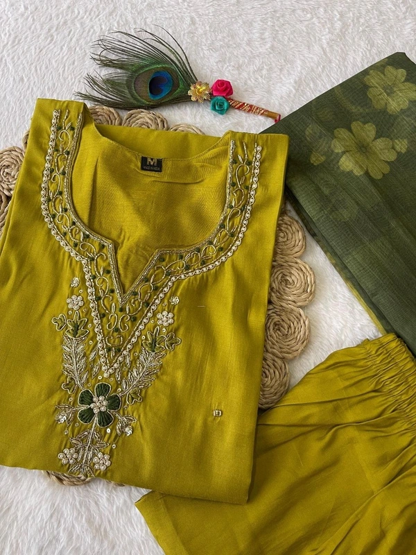 Azorte Fashion Parrot Green Kurti Set – Premium Roman Silk with Hand Embroidery & Chanderi Digital Print Dupatta - M (38)
