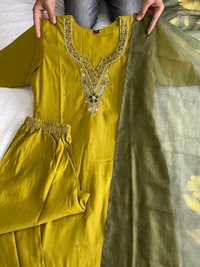 Azorte Fashion Parrot Green Kurti Set – Premium Roman Silk with Hand Embroidery & Chanderi Digital Print Dupatta - M (38)