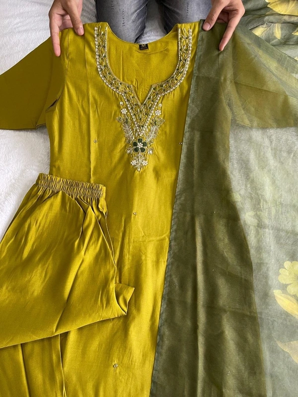 Azorte Fashion Parrot Green Kurti Set – Premium Roman Silk with Hand Embroidery & Chanderi Digital Print Dupatta - M (38)