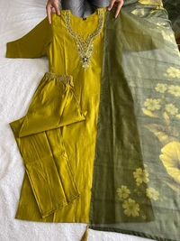 Azorte Fashion Parrot Green Kurti Set – Premium Roman Silk with Hand Embroidery & Chanderi Digital Print Dupatta - M (38)