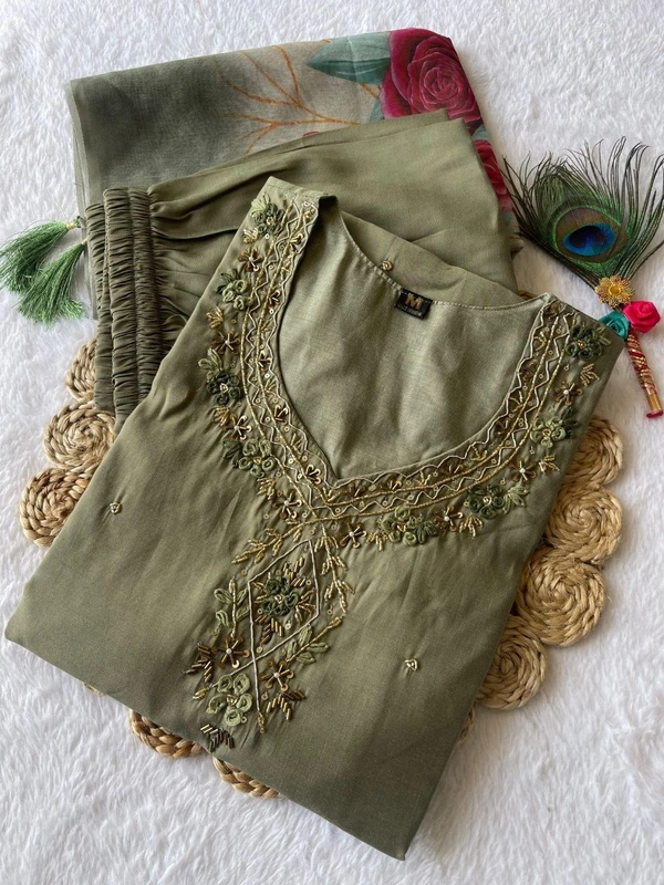 Azorte Fashion Light Mehndi Kurti Set – Premium Roman Silk with Hand Embroidery & Chanderi Digital Print Dupatta - M (38)
