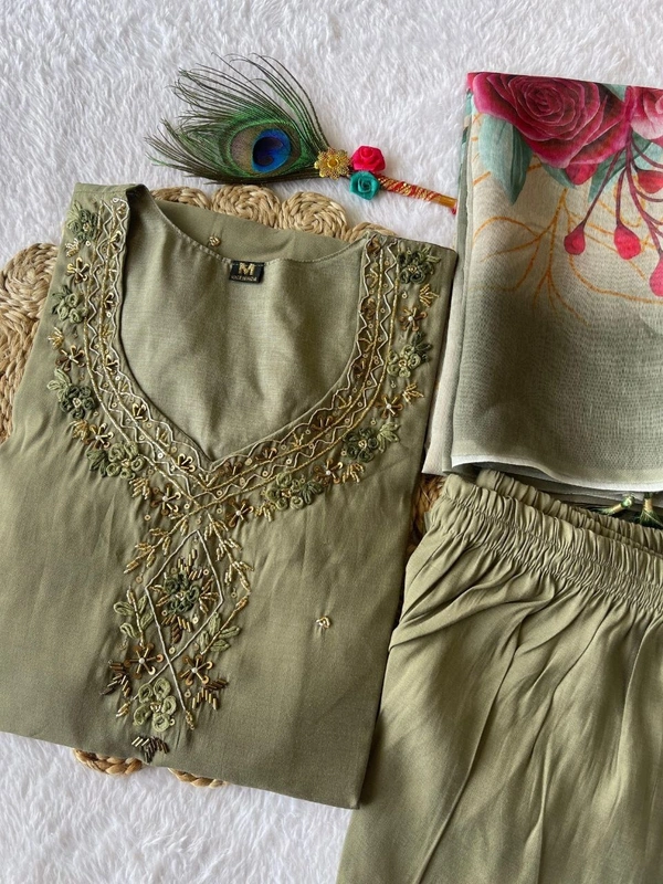 Azorte Fashion Light Mehndi Kurti Set – Premium Roman Silk with Hand Embroidery & Chanderi Digital Print Dupatta - M (38)
