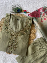 Azorte Fashion Light Mehndi Kurti Set – Premium Roman Silk with Hand Embroidery & Chanderi Digital Print Dupatta - M (38)