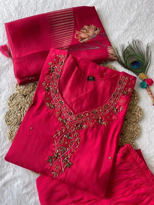 Azorte Fashion Tomato Red Kurti Set – Premium Roman Silk with Hand Embroidery & Heavy Chanderi Digital Print Dupatta - M (38)