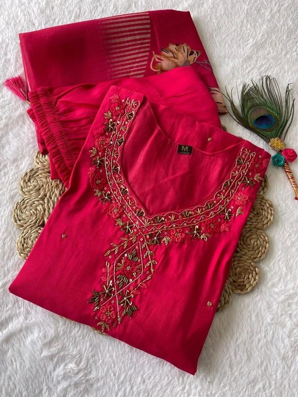 Azorte Fashion Tomato Red Kurti Set – Premium Roman Silk with Hand Embroidery & Heavy Chanderi Digital Print Dupatta - M (38)