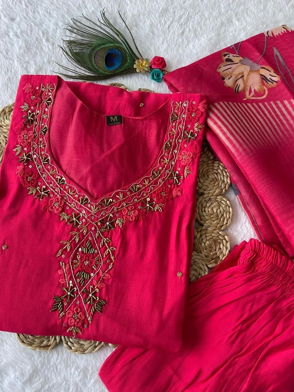 Azorte Fashion Tomato Red Kurti Set – Premium Roman Silk with Hand Embroidery & Heavy Chanderi Digital Print Dupatta - M (38)