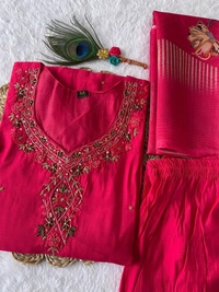 Azorte Fashion Tomato Red Kurti Set – Premium Roman Silk with Hand Embroidery & Heavy Chanderi Digital Print Dupatta - M (38)