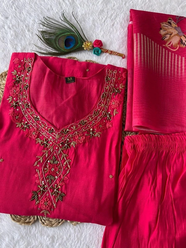 Azorte Fashion Tomato Red Kurti Set – Premium Roman Silk with Hand Embroidery & Heavy Chanderi Digital Print Dupatta - M (38)