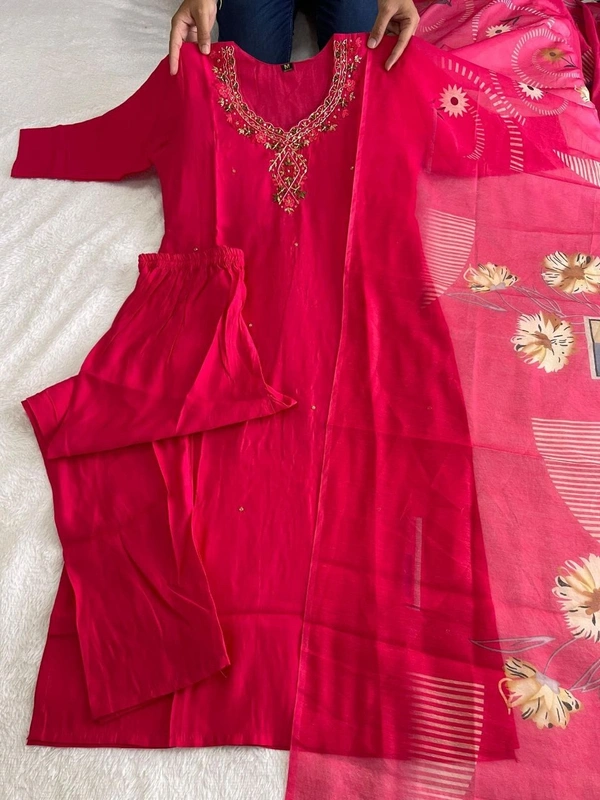 Azorte Fashion Tomato Red Kurti Set – Premium Roman Silk with Hand Embroidery & Heavy Chanderi Digital Print Dupatta - M (38)