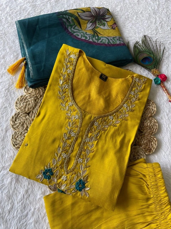 Azorte Fashion Lemon Yellow Kurti Set – Premium Roman Silk with Hand Embroidery & Heavy Chanderi Digital Print Dupatta - XL (42)