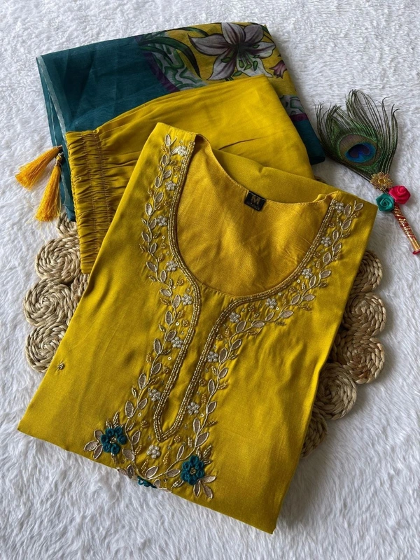Azorte Fashion Lemon Yellow Kurti Set – Premium Roman Silk with Hand Embroidery & Heavy Chanderi Digital Print Dupatta - XL (42)