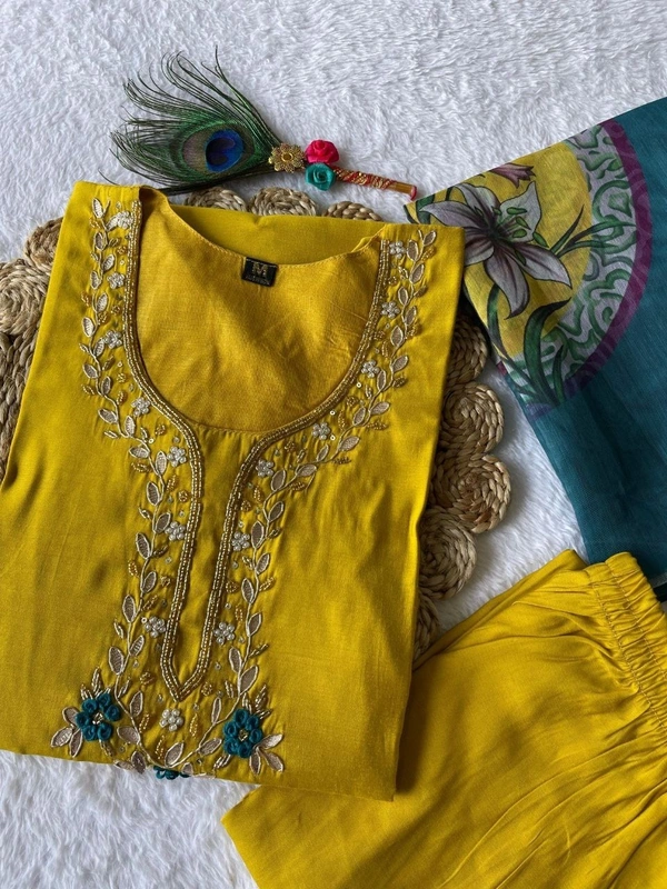Azorte Fashion Lemon Yellow Kurti Set – Premium Roman Silk with Hand Embroidery & Heavy Chanderi Digital Print Dupatta - XL (42)