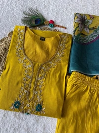 Azorte Fashion Lemon Yellow Kurti Set – Premium Roman Silk with Hand Embroidery & Heavy Chanderi Digital Print Dupatta - XL (42)