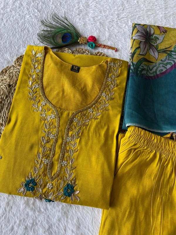 Azorte Fashion Lemon Yellow Kurti Set – Premium Roman Silk with Hand Embroidery & Heavy Chanderi Digital Print Dupatta - XL (42)